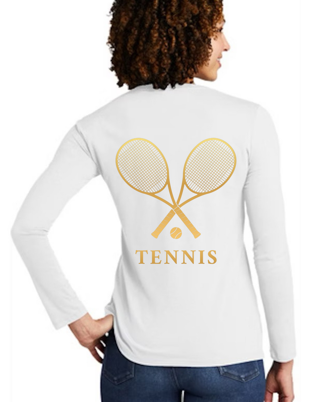 White long-sleeve shirt with gold tennis racket design and 'TENNIS' text on the back, worn by a person.