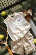Women's Tennis Sweater Vest/Sleeveless Knit Top with Embroidered Rackets
