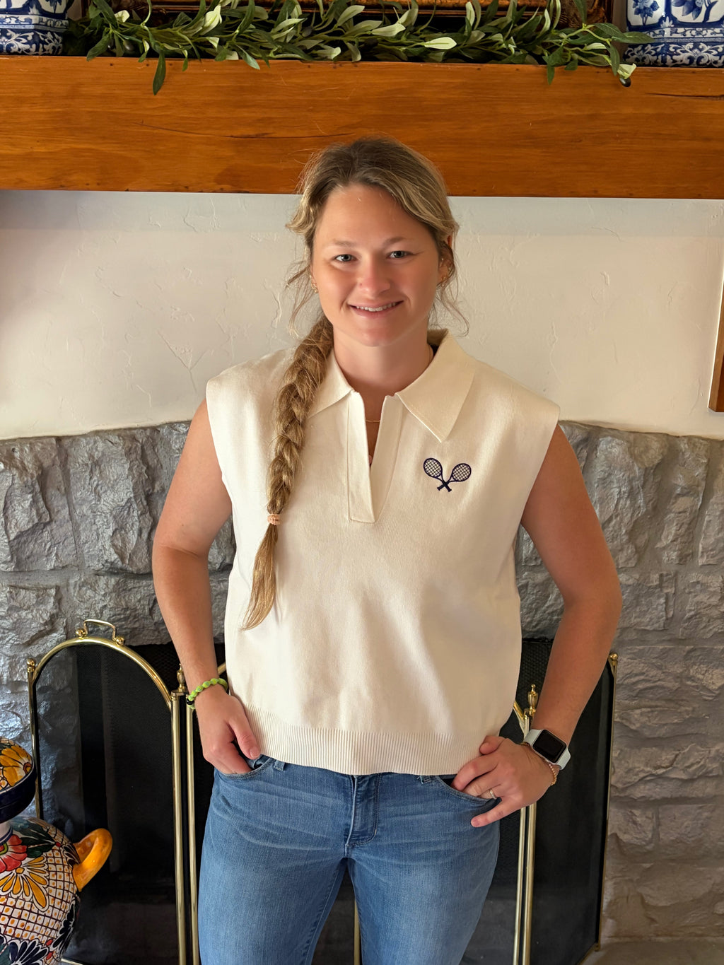Women's Tennis Sweater Vest/Sleeveless Knit Top with Embroidered Rackets