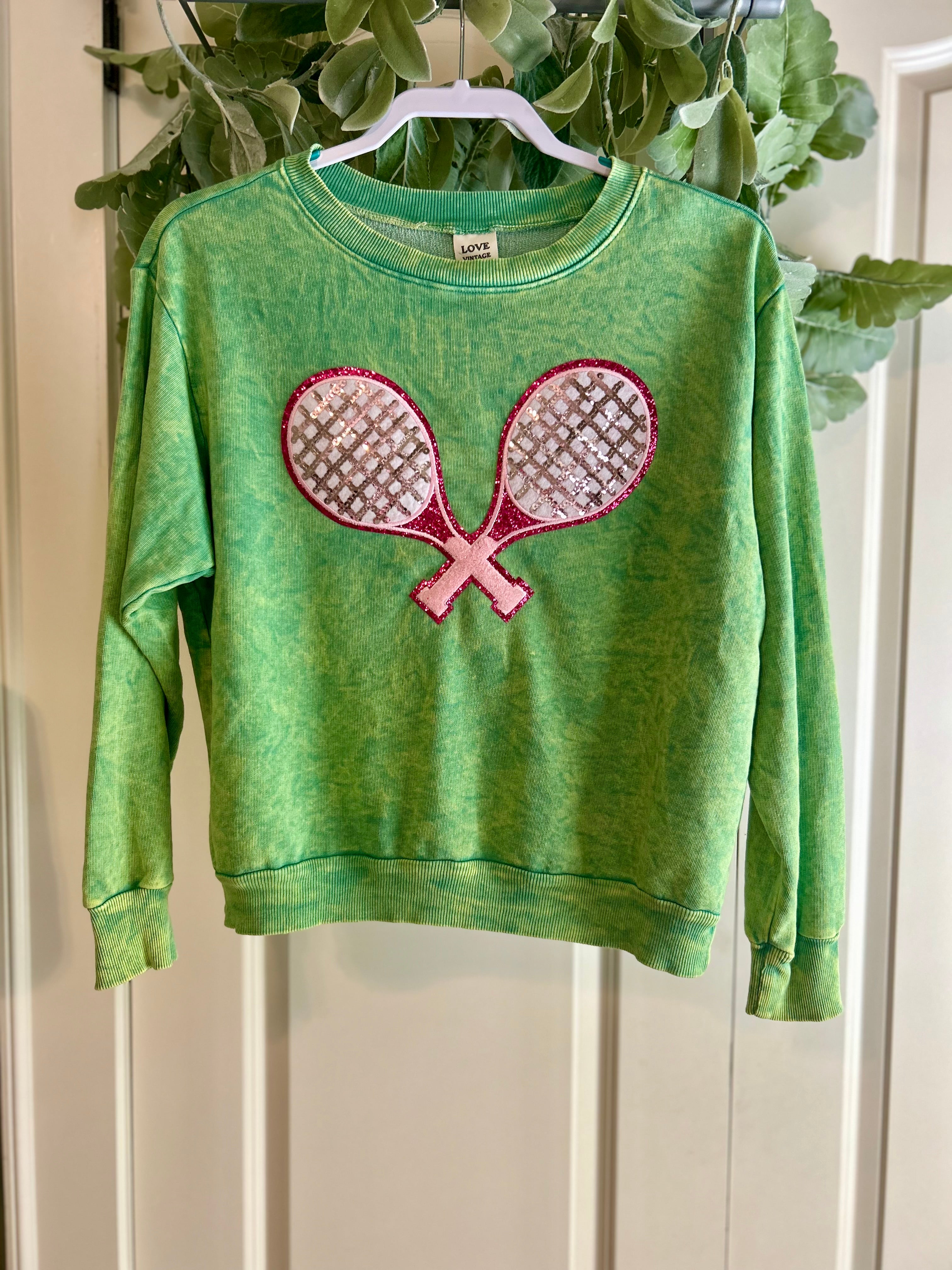 Vintage wash sweatshirt with chenille and sequins tennis racket patch